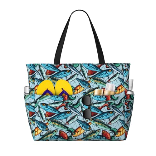 Kuilepa Bunte Tasche mit Fischköderaufdruck, für Damen, große Sporttasche, Tragetasche für Wochenendreisen, wasserdicht, Schwarz, Einheitsgröße von Kuilepa