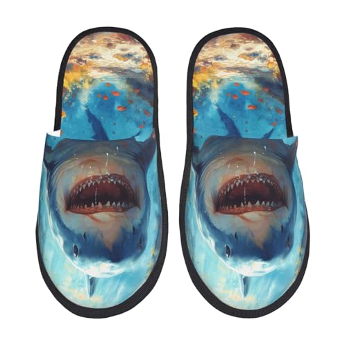 Kuilepa Bunte Unterwasser-Hai-Print für Damen, flauschige Slipper, für drinnen und draußen, Winterhausschuhe, Schwarz, 6-8.5 Women/6-8 Men von Kuilepa