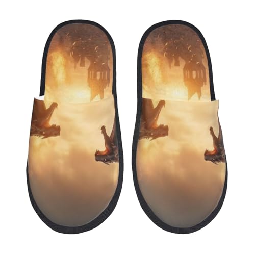 Kuilepa Castle Cool Fire Dragon Print Damen Hausschuhe Fuzzy Slip On Indoor Outdoor Winter Haus Hausschuhe, Schwarz, 6-8.5 Women/6-8 Men von Kuilepa