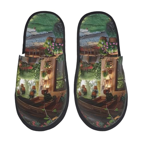 Kuilepa Charmanter Hausschuh für Damen, Motiv: Garten, Terrasse, flauschig, für drinnen und draußen, Schwarz, 6-8.5 Women/6-8 Men von Kuilepa