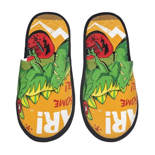 Kuilepa Coole Dinosaurier-Hausschuhe mit Gitarren-Druck, flauschig, für drinnen und draußen, Winterhausschuhe, Schwarz, 6-8.5 Women/6-8 Men von Kuilepa