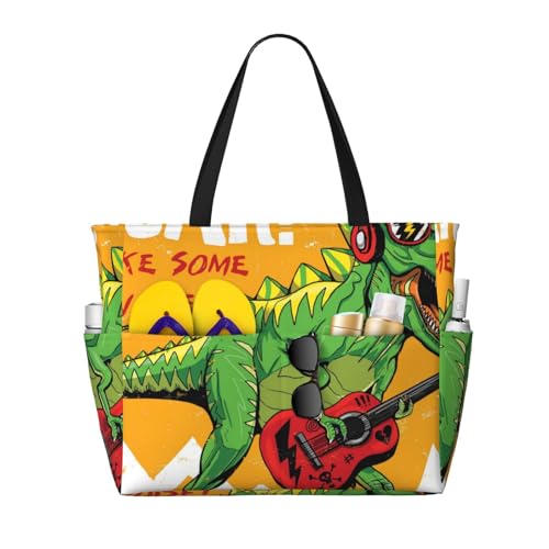 Kuilepa Coole Dinosaurier-Spielgitarre, Strand-/Pool-Tasche, Tragetasche für Damen, große Sporttasche, Tragetasche für Wochenendreisen, wasserdicht von Kuilepa
