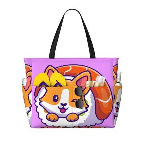 Kuilepa Corgi In Sushi-Tasche mit Rollaufdruck, Strand- und Pool-Tasche für Damen, große Sporttasche, Tragetasche für Wochenendreisen, wasserdicht, Schwarz, Einheitsgröße von Kuilepa