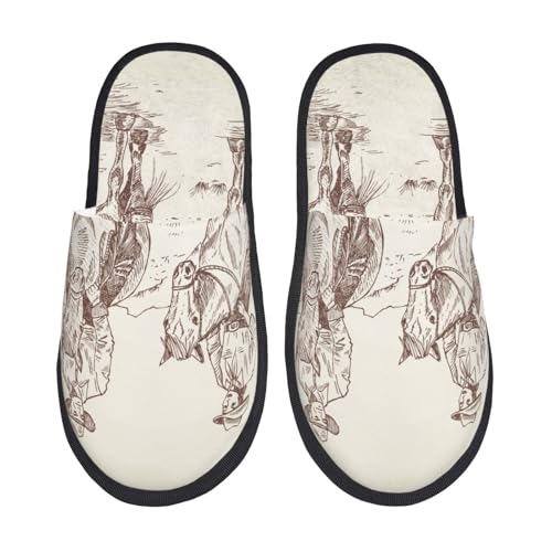 Kuilepa Cowboys Reitpferde in Wüstenaufdruck, flauschige Slipper, für drinnen und draußen, Winterhausschuhe, Schwarz, 6-8.5 Women/6-8 Men von Kuilepa