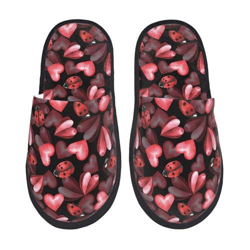 Kuilepa Damen-Hausschuhe, Motiv: Marienkäfer und rote Herzen, flauschig, für drinnen und draußen von Kuilepa
