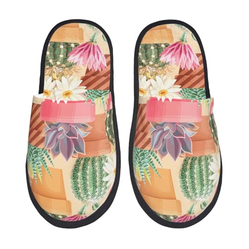 Kuilepa Damen-Hausschuhe, Sukkulenten- und Kaktus-Druck, flauschig, für drinnen und draußen, Winter, Schwarz, 6-8.5 Women/6-8 Men von Kuilepa