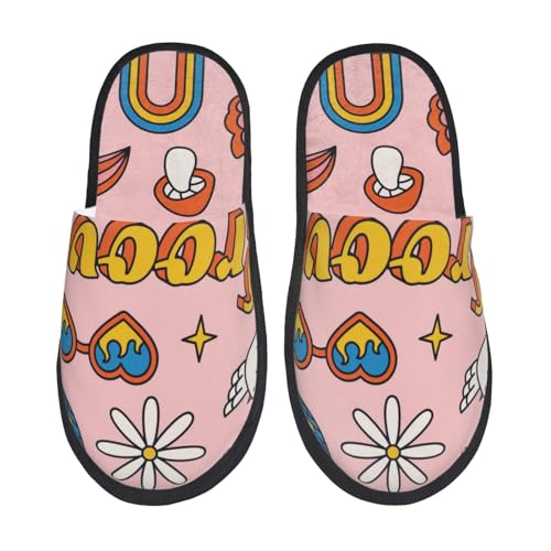 Kuilepa Damen Hausschuhe im Retro-Stil der 70er-Jahre, Hippie-Druck, flauschig, für drinnen und draußen, Schwarz, 6-8.5 Women/6-8 Men von Kuilepa