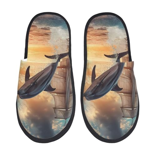 Kuilepa Damen-Hausschuhe mit Delfin-Druck, flauschig, für drinnen und draußen, Winterhausschuhe, Schwarz, 6-8.5 Women/6-8 Men von Kuilepa