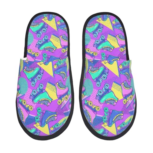 Kuilepa Damen-Hausschuhe mit Disco-Rollschuh-Aufdruck, flauschig, für drinnen und draußen, Winter, Schwarz, 6-8.5 Women/6-8 Men von Kuilepa