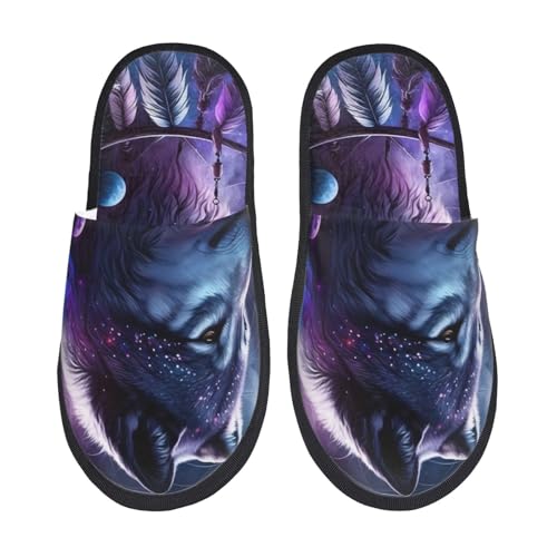 Kuilepa Damen-Hausschuhe mit Feathered Wolf Print Fuzzy Slip On Indoor Outdoor Winter Haus Hausschuhe, Schwarz, 6-8.5 Women/6-8 Men von Kuilepa