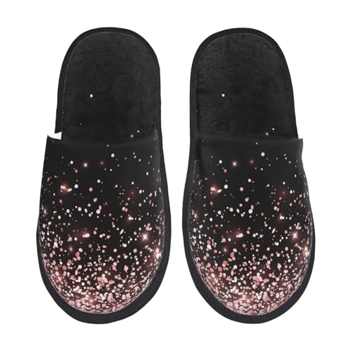 Kuilepa Damen Hausschuhe mit Glitzer-Aufdruck in Roségold, flauschig, für drinnen und draußen, Winter, Schwarz, 6-8.5 Women/6-8 Men von Kuilepa