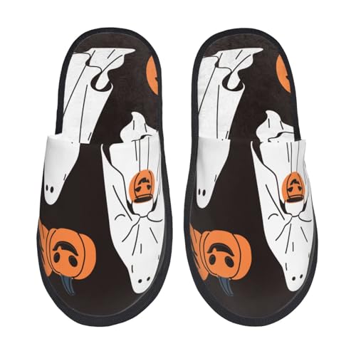 Kuilepa Damen-Hausschuhe mit Halloween-Motiv "Geister und Kürbisse", flauschig, für drinnen und draußen, Schwarz, 6-8.5 Women/6-8 Men von Kuilepa