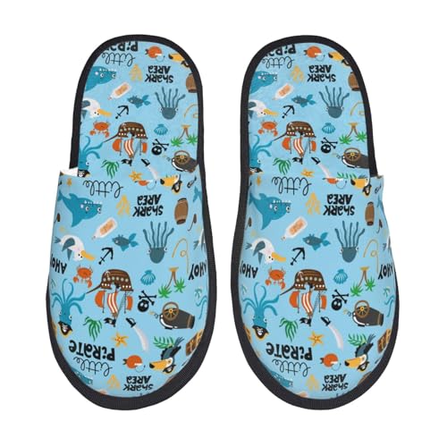 Kuilepa Damen Hausschuhe mit Piraten-Aufdruck, flauschig, für drinnen und draußen, Winter, Schwarz, 6-8.5 Women/6-8 Men von Kuilepa