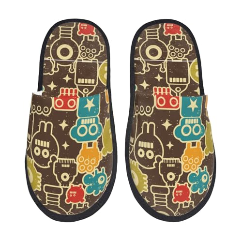 Kuilepa Damen-Hausschuhe mit Roboter- und Monsteraufdruck, flauschig, für drinnen und draußen, Winter, Schwarz, 6-8.5 Women/6-8 Men von Kuilepa