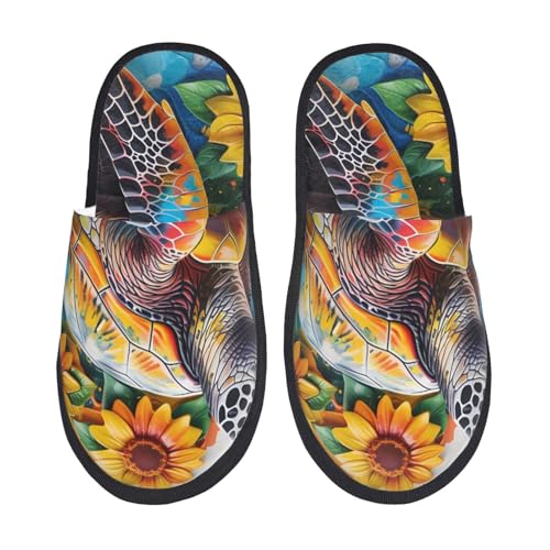 Kuilepa Damen-Hausschuhe mit Sonnenblumen-Schildkrötenmuster, flauschig, für drinnen und draußen, Winter, Schwarz, 6-8.5 Women/6-8 Men von Kuilepa
