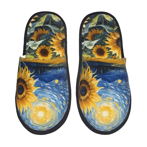 Kuilepa Damen-Hausschuhe mit Sternenhimmel, Sonnenblumen-Druck, flauschig, für drinnen und draußen, Winter, Schwarz, 6-8.5 Women/6-8 Men von Kuilepa