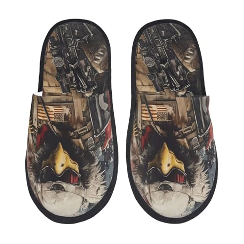 Kuilepa Damen Hausschuhe mit Weißkopfseeadler-Soldaten-Aufdruck, flauschig, für drinnen und draußen, Schwarz, 6-8.5 Women/6-8 Men von Kuilepa