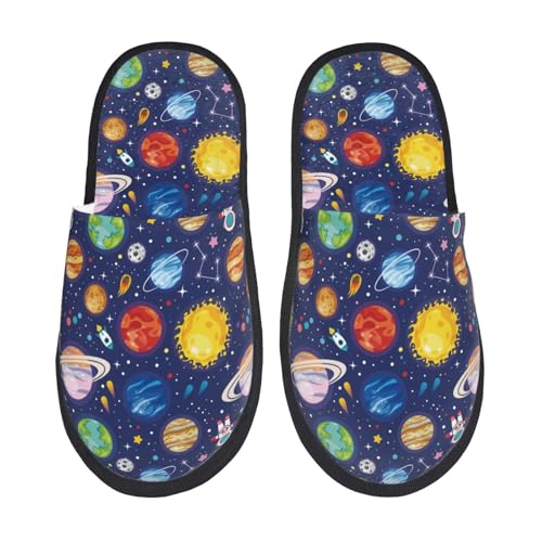 Kuilepa Damen-Hausschuhe mit Weltraumplaneten-Aufdruck, flauschig, für drinnen und draußen, Winterhausschuhe, Schwarz, 6-8.5 Women/6-8 Men von Kuilepa