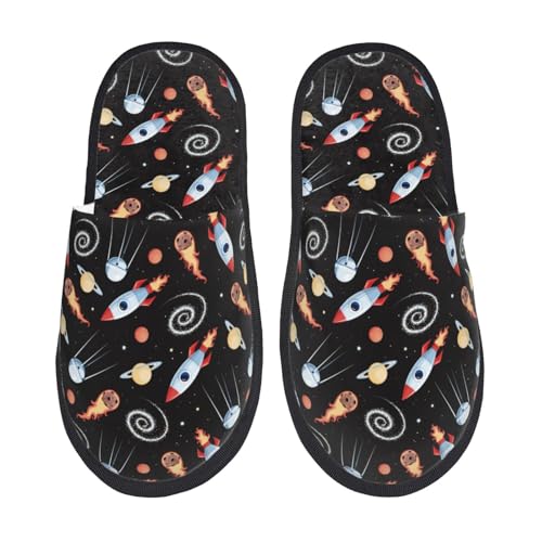 Kuilepa Damen-Hausschuhe mit Weltraumraketen-Aufdruck, flauschig, für drinnen und draußen, Winter von Kuilepa
