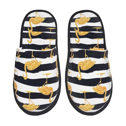 Kuilepa Damen Hausschuhe mit goldenem Flamingo-Druck, flauschig, für drinnen und draußen, Winter, Schwarz, 6-8.5 Women/6-8 Men von Kuilepa