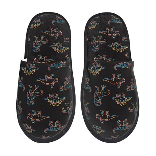 Kuilepa Damen-Hausschuhe mit neonfarbenem Dinosaurier-Druck, flauschig, für drinnen und draußen, Winter-Hausschuhe, Schwarz, 6-8.5 Women/6-8 Men von Kuilepa