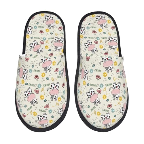 Kuilepa Damen-Hausschuhe mit niedlichem Kuh-Aufdruck, flauschig, für drinnen und draußen, Winter, Schwarz, 6-8.5 Women/6-8 Men von Kuilepa