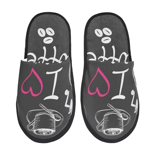 Kuilepa Damen-Slipper, Aufschrift "I Love Coffee", flauschig, für drinnen und draußen, Winterhausschuhe, Schwarz, 6-8.5 Women/6-8 Men von Kuilepa