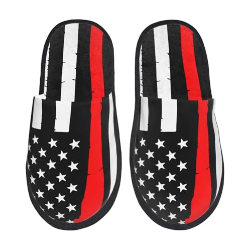Kuilepa Damen-Slipper, Motiv: Feuerwehrleute, USA-Flagge, flauschig, für drinnen und draußen, Winterhausschuhe, Schwarz, 6-8.5 Women/6-8 Men von Kuilepa