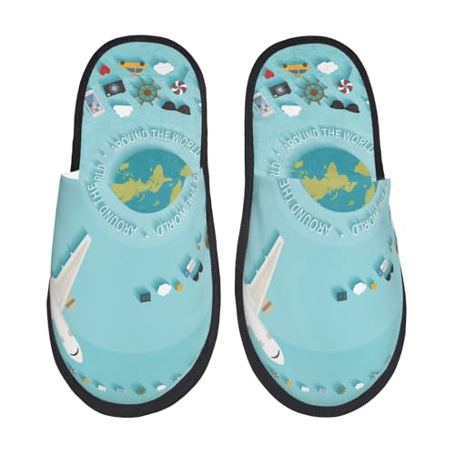 Kuilepa Damen-Slipper, Motiv: Reisen im Flugzeug, flauschig, für drinnen und draußen, Winterhausschuhe, Schwarz, 6-8.5 Women/6-8 Men von Kuilepa