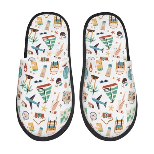 Kuilepa Damen-Slipper, flauschig, für drinnen und draußen, mit Reise-Aufdruck, Schwarz, 6-8.5 Women/6-8 Men von Kuilepa