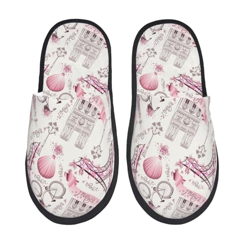 Kuilepa Damen-Slipper, romantisches Design "Travel In Paris", flauschig, für drinnen und draußen, Winterhausschuhe von Kuilepa