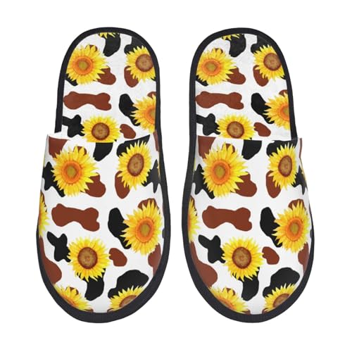 Kuilepa Damen-Slipper mit Sonnenblumen-Kuh-Aufdruck, flauschig, für drinnen und draußen, Winterhausschuhe, Schwarz, 6-8.5 Women/6-8 Men von Kuilepa