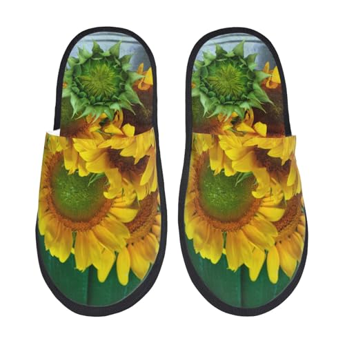 Kuilepa Damen-Slipper mit Sonnenblumen im Eimer-Aufdruck, flauschig, für drinnen und draußen, Winterhausschuhe, Schwarz, 6-8.5 Women/6-8 Men von Kuilepa