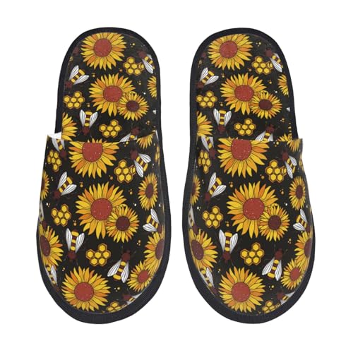 Kuilepa Damen-Slipper mit Sonnenblumen- und Bww-Aufdruck, flauschig, für drinnen und draußen, Winterhausschuhe, Schwarz, 6-8.5 Women/6-8 Men von Kuilepa