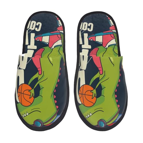 Kuilepa Dinosaurier-Basketball-Spieler-Druck, flauschig, für drinnen und draußen, Winterhausschuhe, Schwarz, 6-8.5 Women/6-8 Men von Kuilepa
