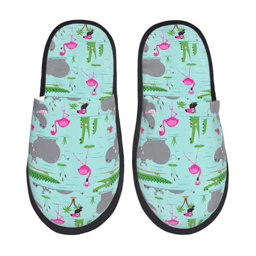 Kuilepa Flusspferd mit Flamingo- und Krokodil-Druck, flauschige Hausschuhe für drinnen und draußen, für den Winter, Schwarz, 6-8.5 Women/6-8 Men von Kuilepa