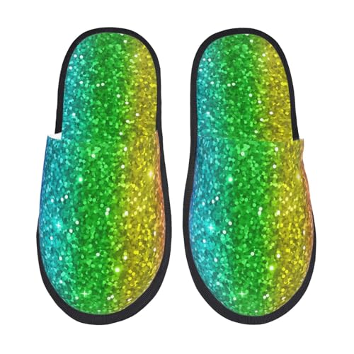 Kuilepa Glitzer-Regenbogen-Print für Damen, flauschige Slipper, für drinnen und draußen, Winterhausschuhe von Kuilepa