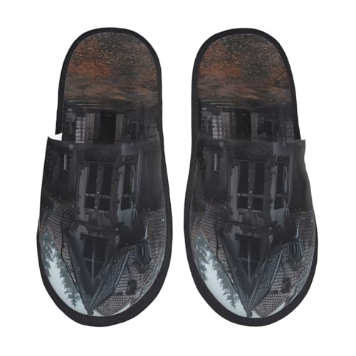 Kuilepa Gloomy Mansion Damen-Slipper, Waldszenen-Druck, flauschig, für drinnen und draußen, Winterhausschuhe, Schwarz, 6-8.5 Women/6-8 Men von Kuilepa