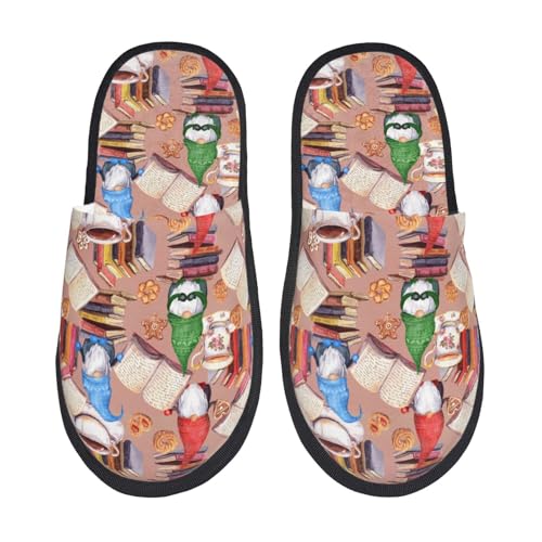 Kuilepa Gnomes Books, Teetassen-Druck, flauschige Hausschuhe für drinnen und draußen, für den Winter, Schwarz, 6-8.5 Women/6-8 Men von Kuilepa