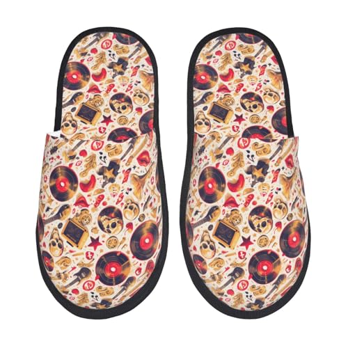 Kuilepa Goldener Totenkopf-Gitarren-Plattenaufdruck, flauschiger Slipper, für drinnen und draußen, Winterhausschuhe, Schwarz, 6-8.5 Women/6-8 Men von Kuilepa