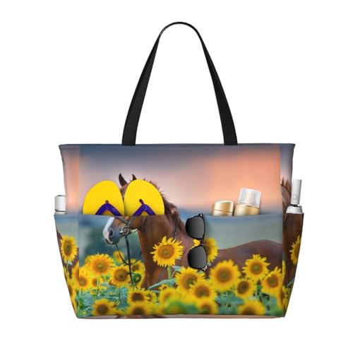 Kuilepa Große Sporttasche mit Pferde-Sonnenblumen-Aufdruck, für Damen, für Wochenendreisen, wasserdicht von Kuilepa