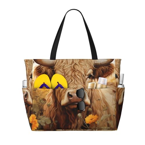 Kuilepa Große Sporttasche mit Sonnenblumen-Motiv und Kuh-Aufdruck, für Damen, für Wochenendreisen, wasserdicht von Kuilepa