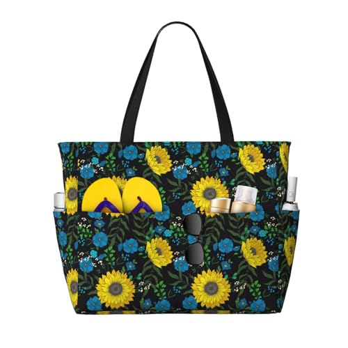 Kuilepa Große Sporttasche mit Sonnenblumen und blauem Blumendruck, für Damen, für Wochenendreisen, wasserdicht von Kuilepa