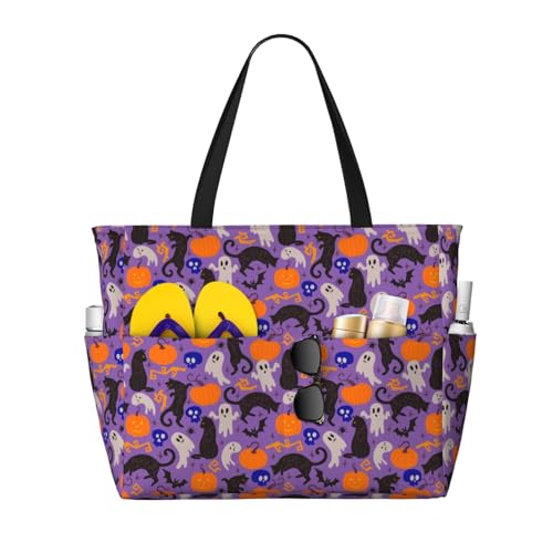 Kuilepa Halloween-Strandtasche mit schwarzem Katzen-Aufdruck, für Damen, große Sporttasche, Handgepäcktasche für Wochenendreisen, wasserdicht, Schwarz, Einheitsgröße von Kuilepa