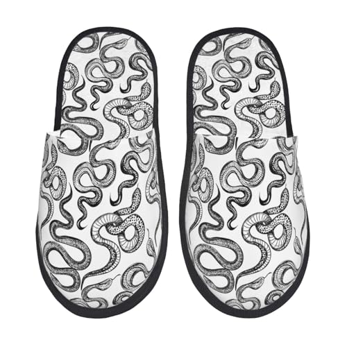 Kuilepa Handgezeichneter Schlangen-Print für Damen, flauschig, Slipper, für drinnen und draußen, Winterhausschuhe, Schwarz, 6-8.5 Women/6-8 Men von Kuilepa