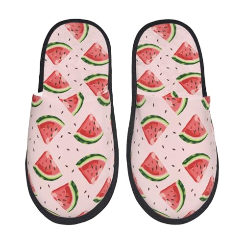 Kuilepa Handgezeichneter Wassermelonen-Druck, flauschige Schlupfschuhe, für drinnen und draußen, Winterhausschuhe von Kuilepa