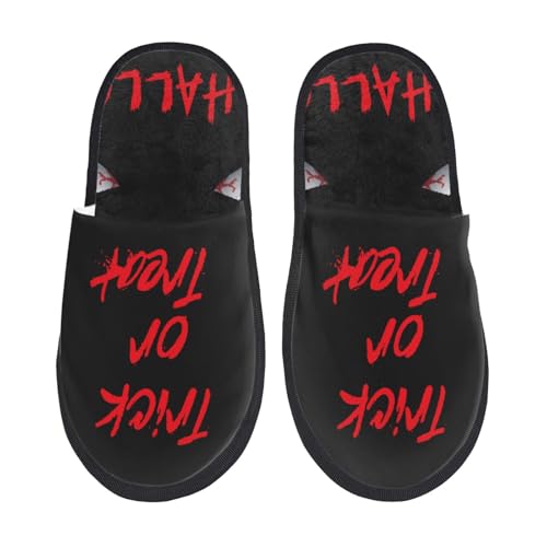 Kuilepa Happy Halloween2 Damen-Slipper, flauschig, für drinnen und draußen, Winterhausschuhe, Schwarz, 6-8.5 Women/6-8 Men von Kuilepa