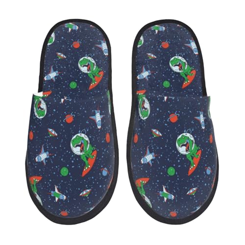 Kuilepa Hausschuhe für Damen, Dinosaurier-Astronauten-Druck, flauschig, für drinnen und draußen, Winter, Schwarz, 6-8.5 Women/6-8 Men von Kuilepa
