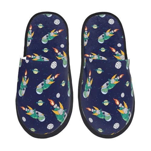 Kuilepa Hausschuhe für Damen, Motiv: Astronauten-Dinosaurier-Druck, flauschig, für drinnen und draußen, Schwarz, 6-8.5 Women/6-8 Men von Kuilepa