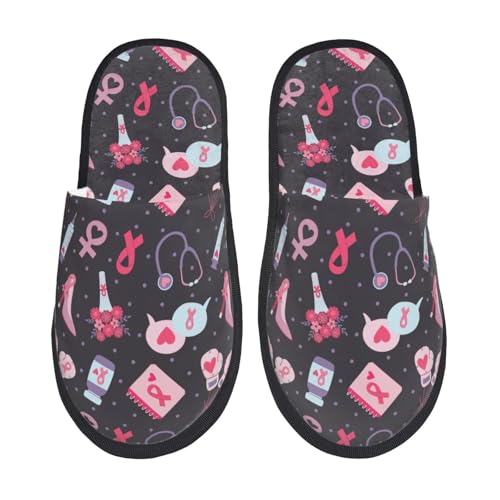 Kuilepa Hausschuhe für Damen, Motiv: Brustkrebs-Bewusstseins1-Druck, flauschig, für drinnen und draußen, Winter, Schwarz, 6-8.5 Women/6-8 Men von Kuilepa